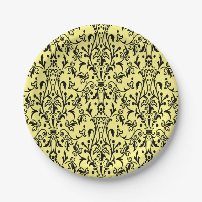 Damask Black & Yellow Paper Plates (Front)