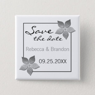 Damask Blooms Save the Date Button, Silver Button