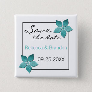 Damask Blooms Save the Date Button, Turquoise Pinback Button