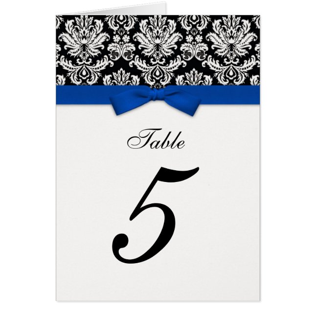 Damask Blue Bow Table Seating Number Cards (Front)