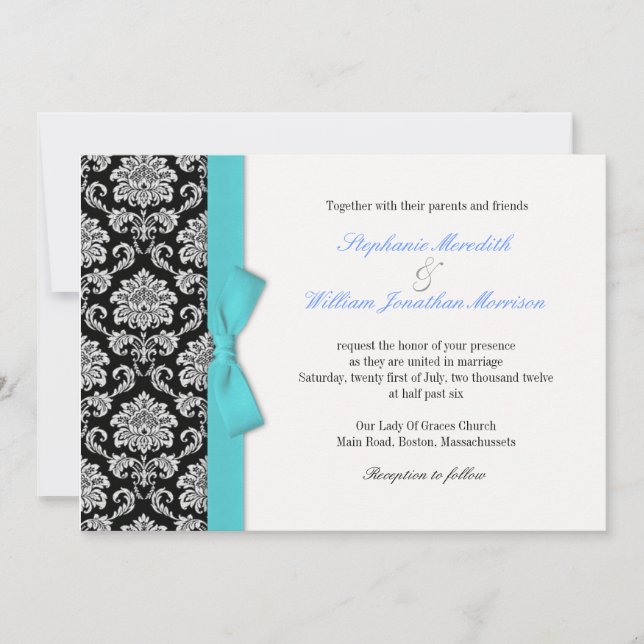 Damask Blue Bow Wedding Invitation (Front)