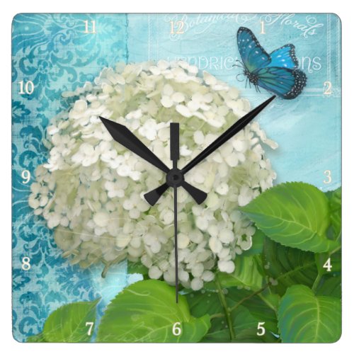 Damask Blue Butterfly on White Hydrangea Vintage Square Wall Clocks