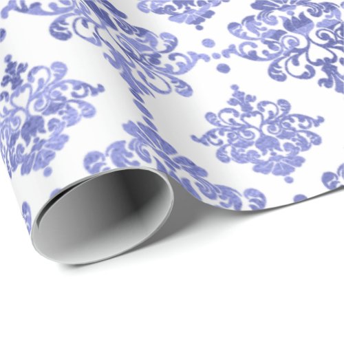 Damask Blue Cobalt Indigo White  Royal Floral Wrapping Paper