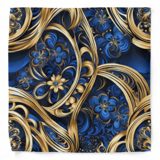 Damask Blue Gold Flower Swirls Bandana