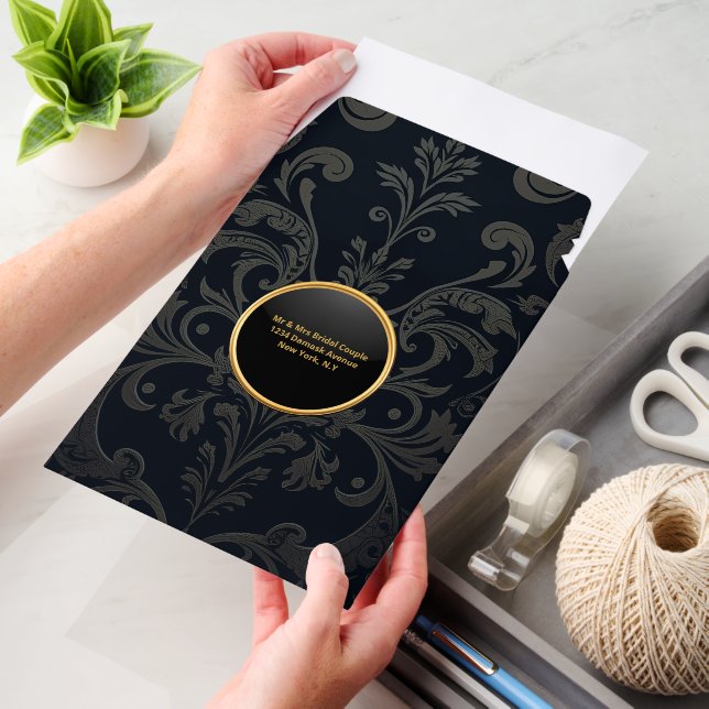 Damask blue gold pattern wedding stationery envelope mailers (Desk)