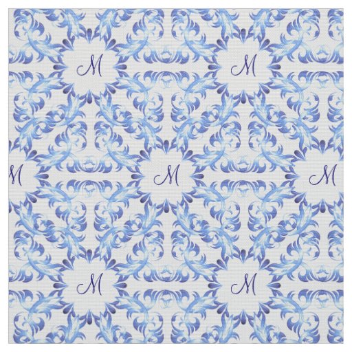 damask blue pattern. monogram. fabric