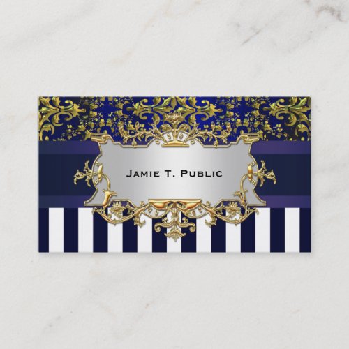 Damask Blue White Stripe Blue Ribbon Gold Label Business Card