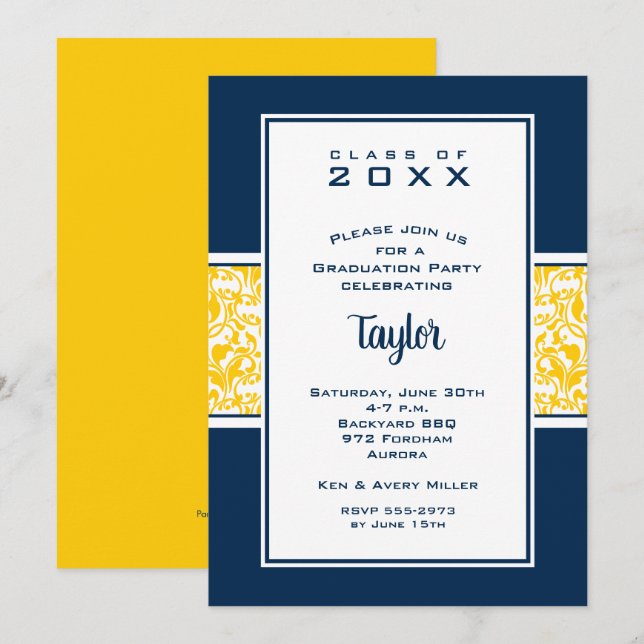 Damask Blue Yellow Graduation Party Invitation (Front/Back)