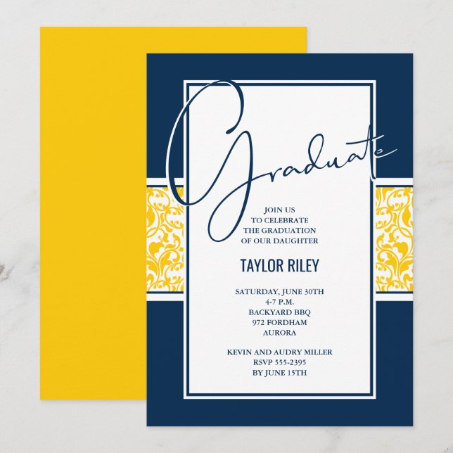 Damask Blue Yellow Graduation Party Invitation (Front/Back)