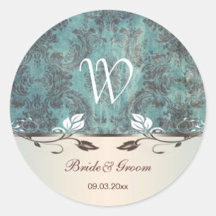 Damask bluish green brown Wedding monogram Sticker
