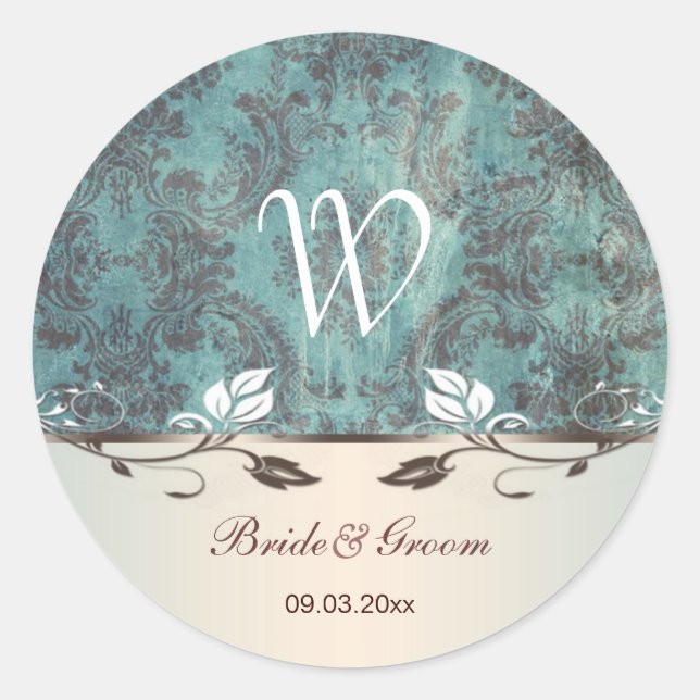 Damask bluish green brown Wedding monogram Sticker (Front)