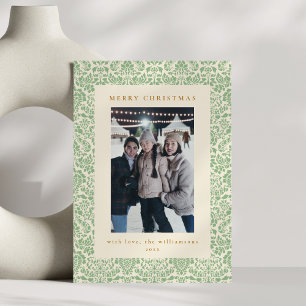 Damask Border Colorful Christmas Photo Sage Green Holiday Card