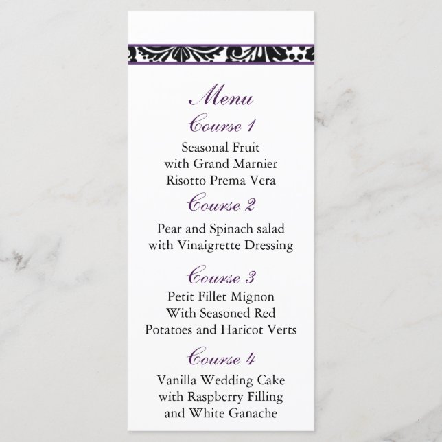 damask border purple Wedding menu (Front)