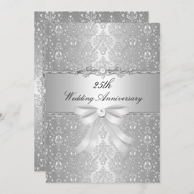Damask Bow 25th Wedding Anniversary Invite (Front/Back)