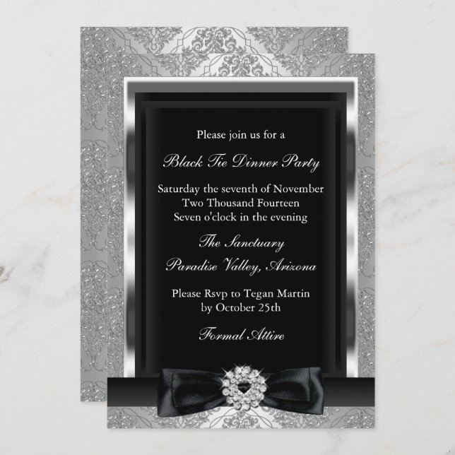 Damask & Bow Formal Black Tie Dinner Party Invite (Front/Back)
