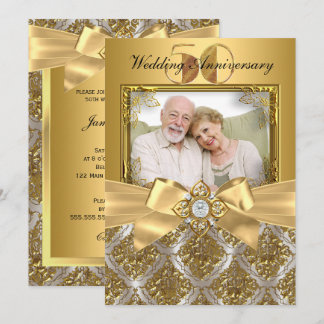 Damask & Bow Photo Gold 50th Anniversary Invite