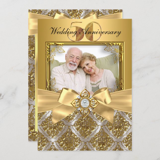Damask & Bow Photo Gold 50th Anniversary Invite (Front/Back)