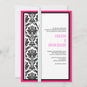 Damask Bow Wedding Invitation with Hot Pink