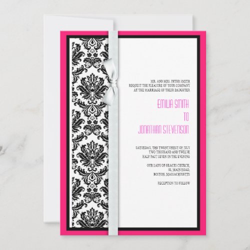 Damask Bow Wedding Invitation with Hot Pink