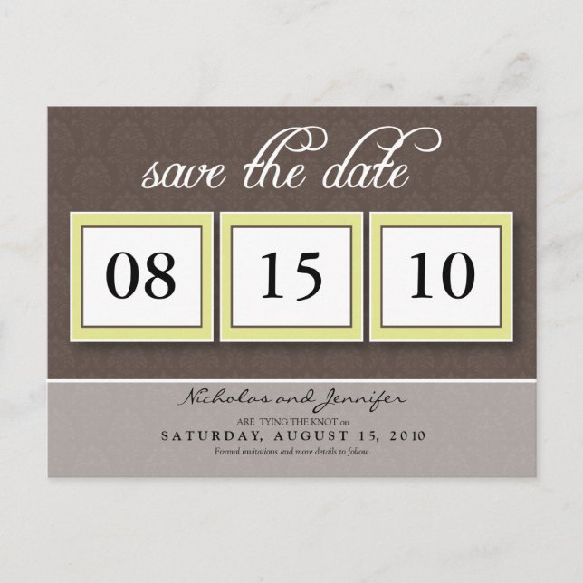 Damask Box Trio Save the Date Postcard (chocolate) (Front)