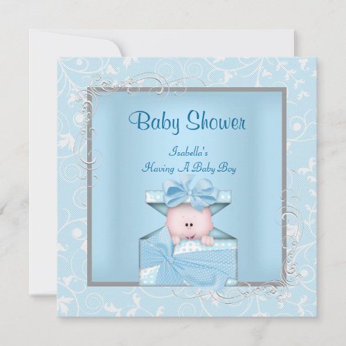 Damask Boy Baby Shower Blue White Floral Announcements