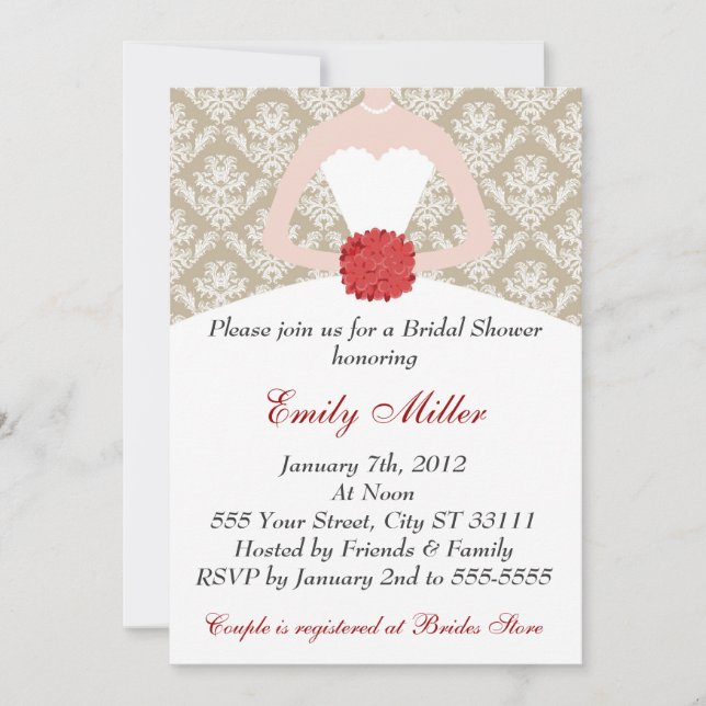 Damask Bridal Shower Gold Red Invitation (Front)