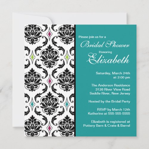 Damask Bridal Shower Invitation Black &amp; Turquoise