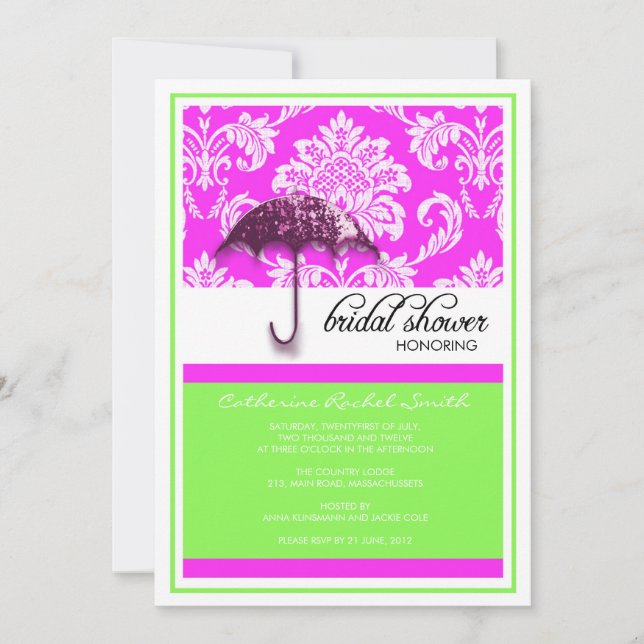 Damask Bridal Shower Invitation in Green and Pink (Front)