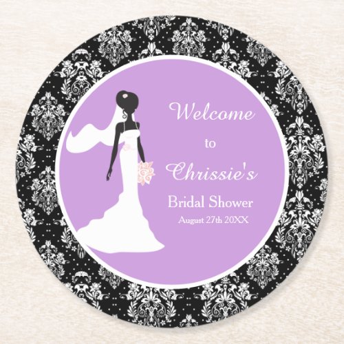 Damask Bride Bridal Shower Round Paper Coaster