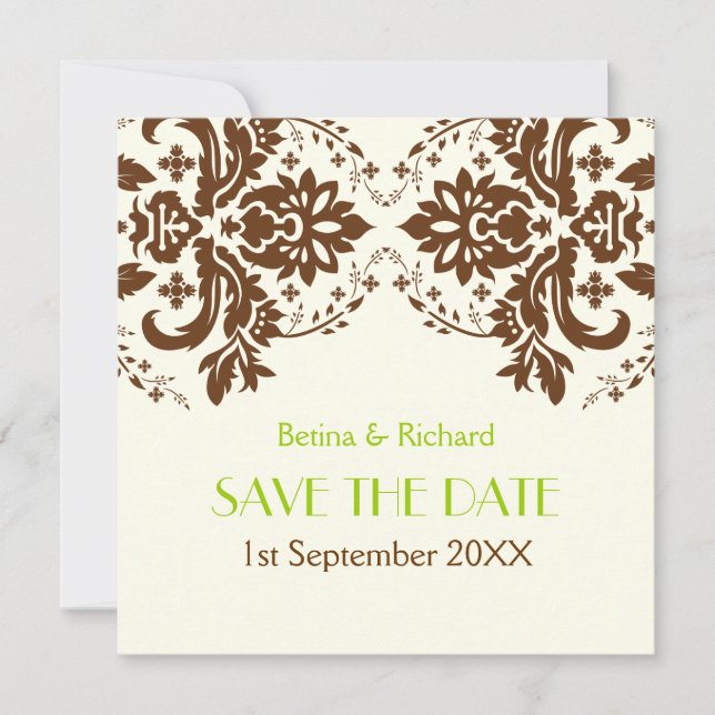 Damask brown, green, ivory wedding Save the Date (Front)