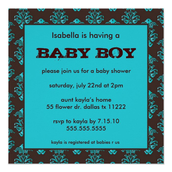 Damask brown turquoise Baby boy shower invite