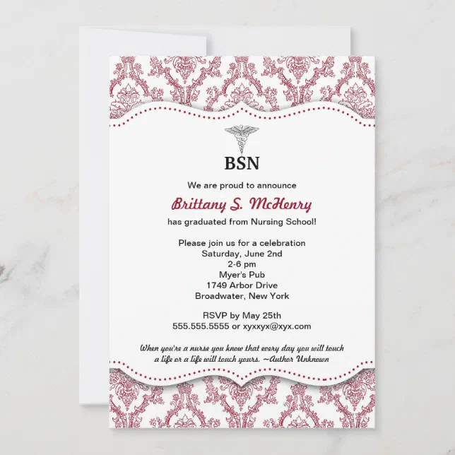 Damask Burgundy Nurse pinning graduation BSN RN Invitation | Zazzle