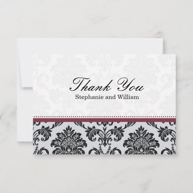 Damask Burgundy Wedding Thank You Card (Front)