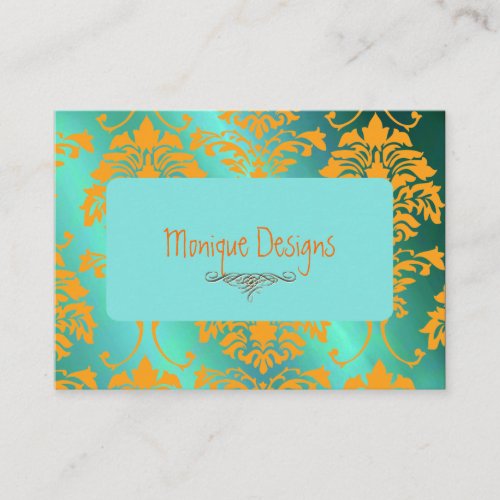 Damask business card aqua and orange