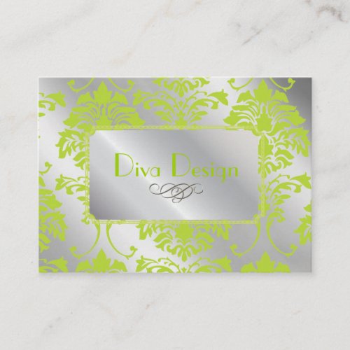 Damask business card in lime green on silver tone