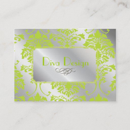 Customizable Damask business card in lime green on silver tone