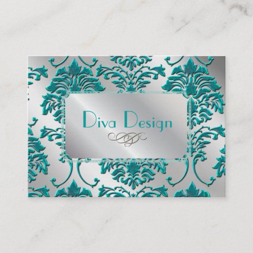 Customizable Damask business card in teal green on silver tone