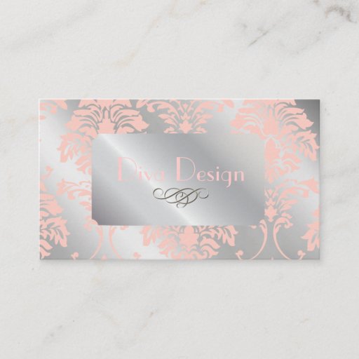 Customizable Damask business cards, pale pink silver tone