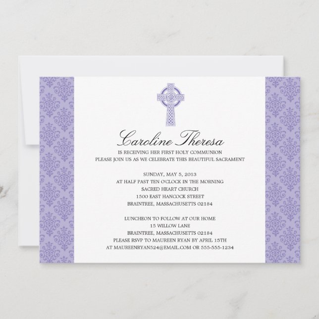 Damask Celtic Cross First Communion Invitation (Front)