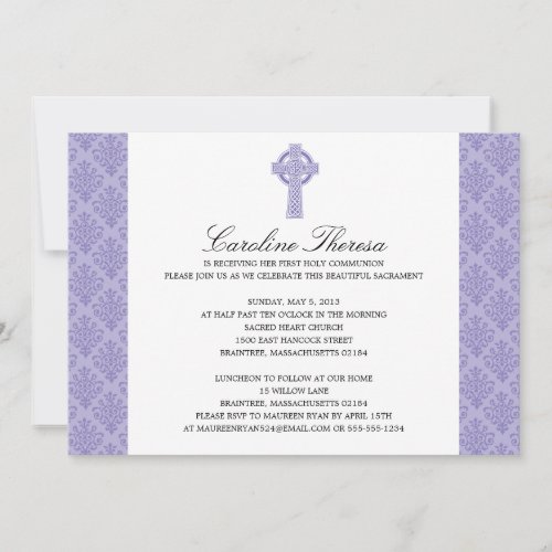 Damask Celtic Cross First Communion Invitation