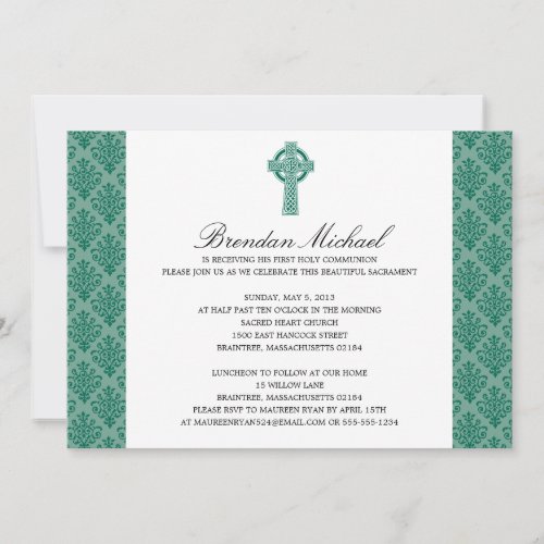 Damask Celtic Cross First Communion Invites