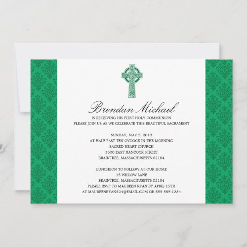 Damask Celtic Cross First Communion Personalized Announcements