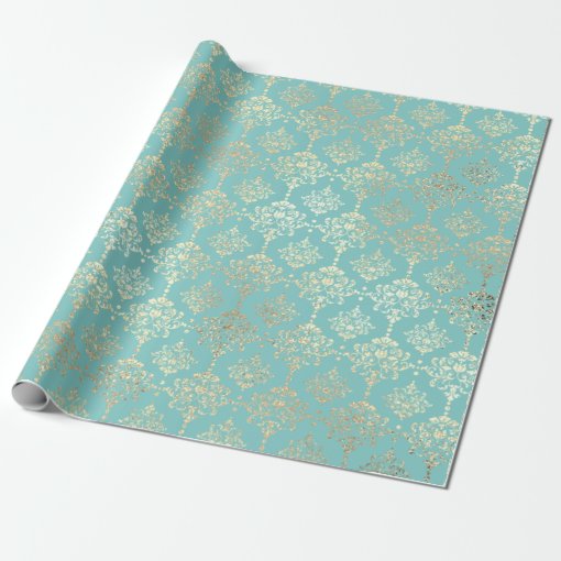 Damask Champagne Gold Royal Metallic Aqua Wrapping Paper Zazzle