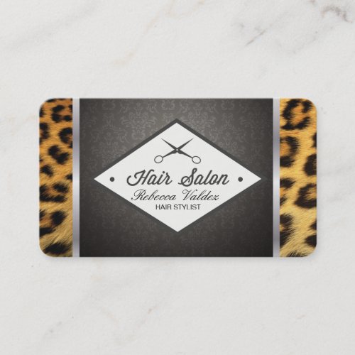 Damask  Cheetah Print  Silver Trim Business Card