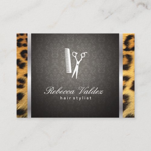 Damask  Cheetah Print  Silver Trim Business Card