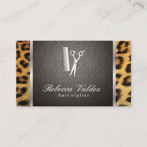 Damask Cheetah Print Silver Trim Business Card