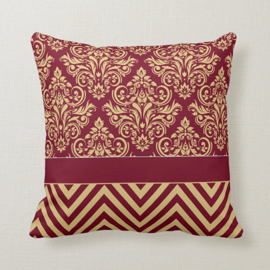 Damask Chevron burgundy sand Throw Pillow