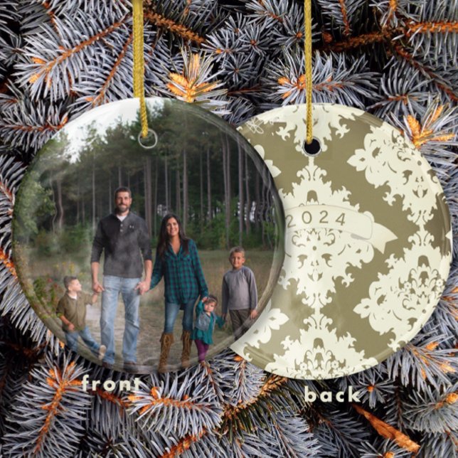 Damask Christmas Family Photo Ornament (Creator Uploaded)