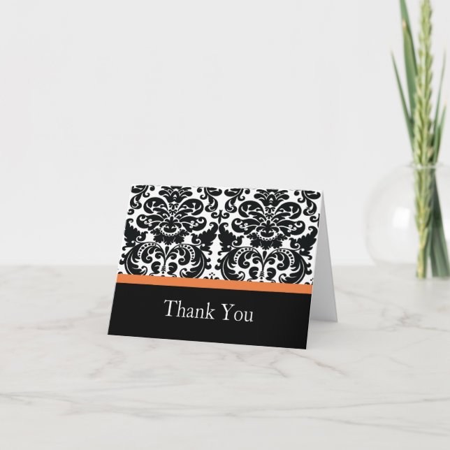 Damask Coral Rose Thank You Note Card (Front)
