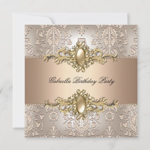 Damask Cream Coffee Birthday Party Pearl Custom Announcements
